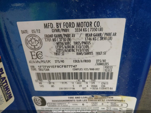 Auction sale of the 2012 Ford F-150 Xlt, vin: 1FTFW1EF8CFB77747, lot number: 12627046