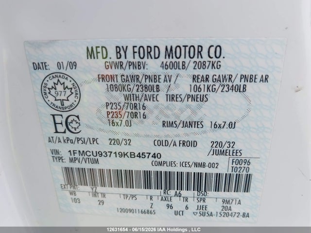 2009 Ford Escape Xlt მანქანა იყიდება აუქციონზე, vin: 1FMCU93719KB45740, აუქციონის ნომერი: 12631654