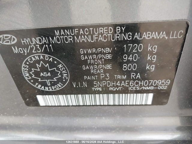 2012 Hyundai Elantra Gls/limited მანქანა იყიდება აუქციონზე, vin: 5NPDH4AE6CH070959, აუქციონის ნომერი: 12631668