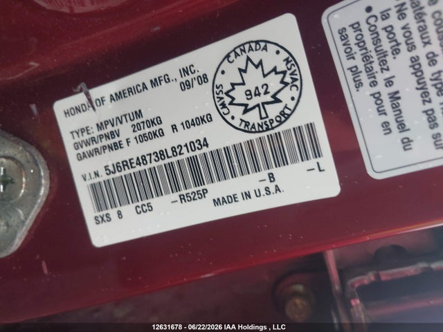 Aukcja sprzedaży 2008 Honda Cr-v Ex-l, vin: 5J6RE48738L821034, numer aukcji: 12631678