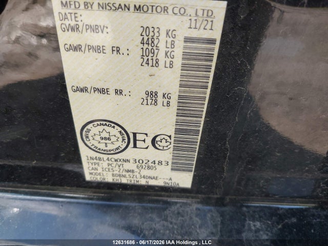 Продажа на аукционе авто 2022 Nissan Altima 2.5 Sr Midnight Edition, vin: 1N4BL4CWXNN302483, номер лота: 12631686