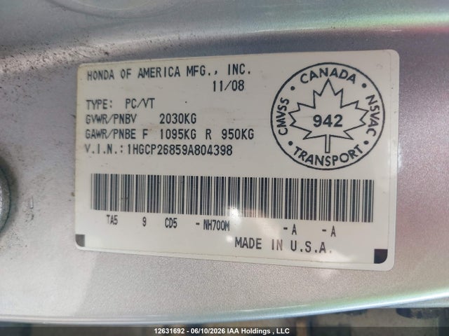 Продажа на аукционе авто 2009 Honda Accord Exl, vin: 1HGCP26859A804398, номер лота: 12631692