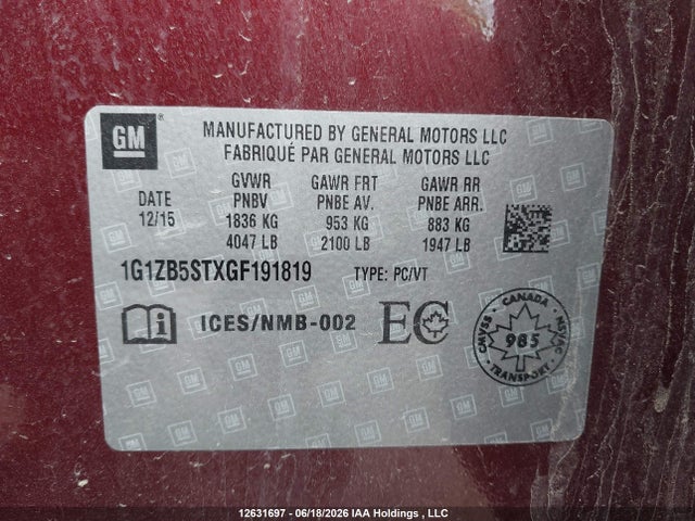 2016 Chevrolet Malibu Ls მანქანა იყიდება აუქციონზე, vin: 1G1ZB5STXGF191819, აუქციონის ნომერი: 12631697