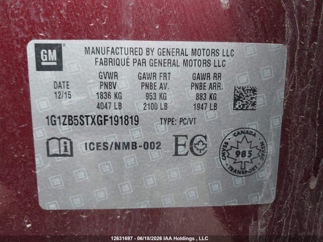 2016 Chevrolet Malibu Ls მანქანა იყიდება აუქციონზე, vin: 1G1ZB5STXGF191819, აუქციონის ნომერი: 12631697