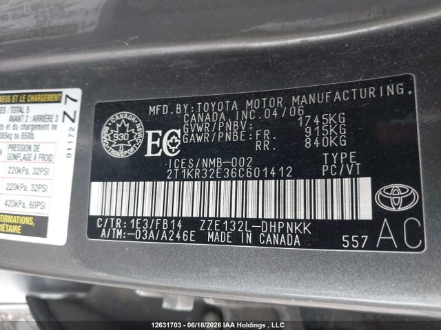 12631703 :رقم المزاد ، 2T1KR32E36C601412 vin ، 2006 Toyota Corolla Matrix Xr مزاد بيع