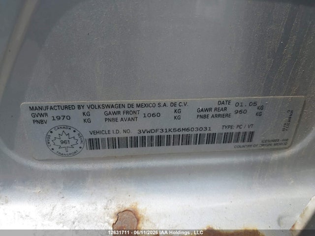 Aukcja sprzedaży 2006 Volkswagen Jetta 2.5l Leather, vin: 3VWDF31K56M603031, numer aukcji: 12631711