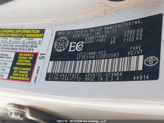2018 Toyota Camry Hybrid Le მანქანა იყიდება აუქციონზე, vin: 4T1B31HK1JU002583, აუქციონის ნომერი: 12631719