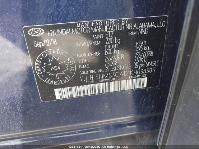 Aukcja sprzedaży 2019 Hyundai Santa Fe Preferred 2.4, vin: 5NMS3CAD1KH038505, numer aukcji: 12631721