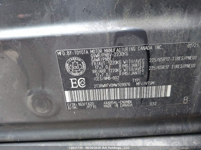 12631735 :رقم المزاد ، 2T3RWRFV0MW109976 vin ، 2021 Toyota Rav4 Hybrid Xle مزاد بيع