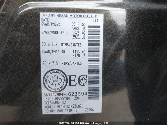 5N1AR2MM4FC623594 Nissan Pathfinder S/sv/sl/platinum