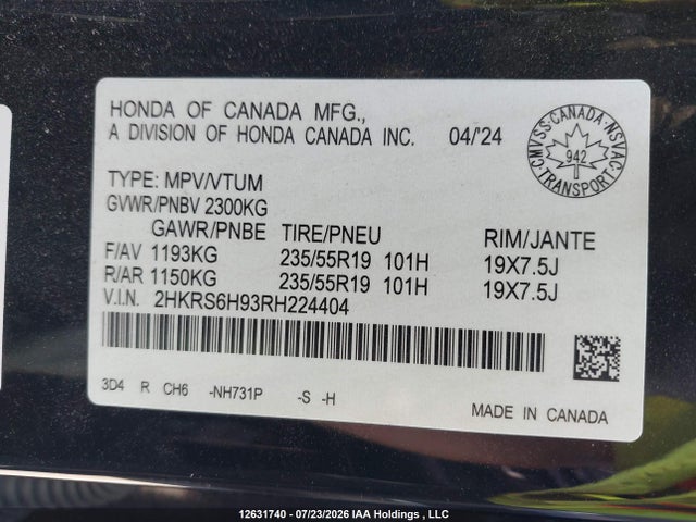 12631740 :رقم المزاد ، 2HKRS6H93RH224404 vin ، 2024 Honda Cr-v Hybrid مزاد بيع