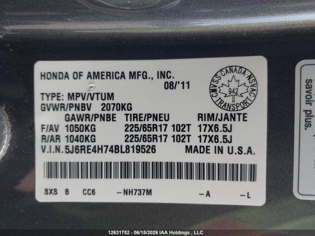 Продаж на аукціоні авто 2011 Honda Cr-v Ex-l, vin: 5J6RE4H74BL819526, номер лоту: 12631752
