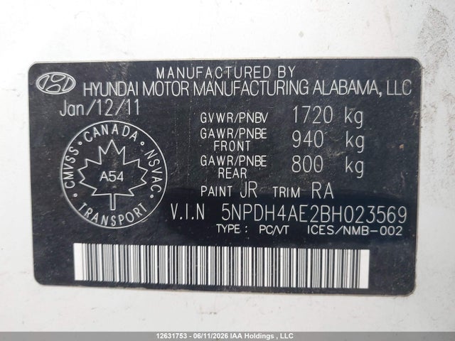 2011 Hyundai Elantra Gls/limited მანქანა იყიდება აუქციონზე, vin: 5NPDH4AE2BH023569, აუქციონის ნომერი: 12631753