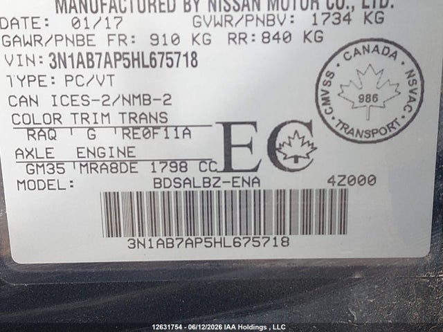 3N1AB7AP5HL675718 Nissan Sentra S/sv/sr/sl