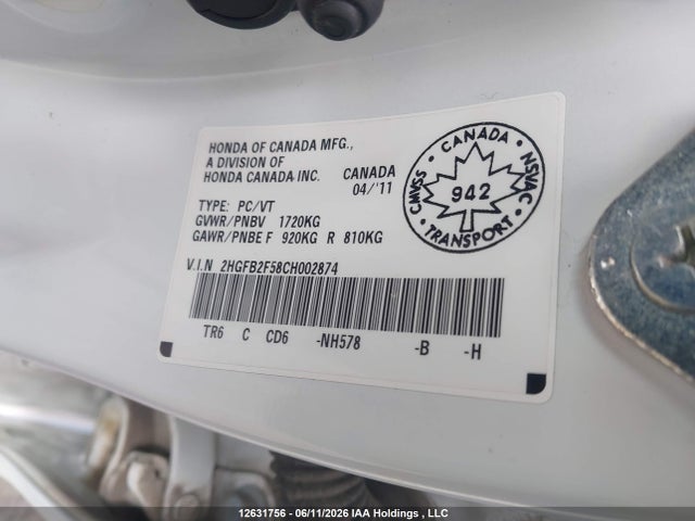 Продажа на аукционе авто 2012 Honda Civic Lx, vin: 2HGFB2F58CH002874, номер лота: 12631756