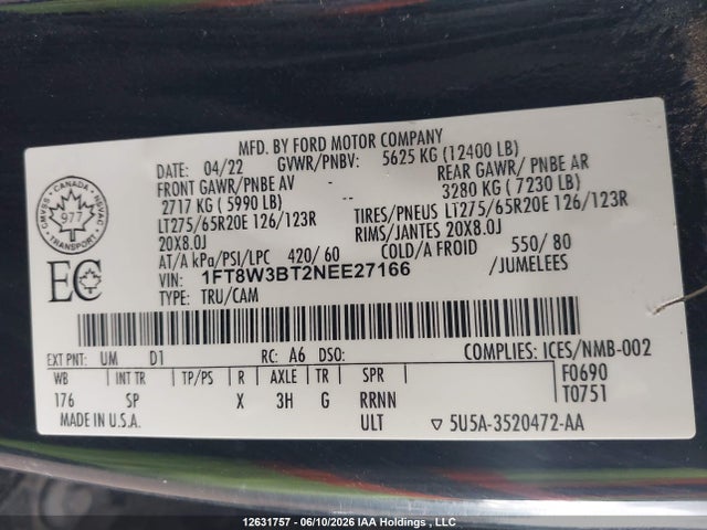 2022 Ford F-350 King Ranch მანქანა იყიდება აუქციონზე, vin: 1FT8W3BT2NEE27166, აუქციონის ნომერი: 12631757