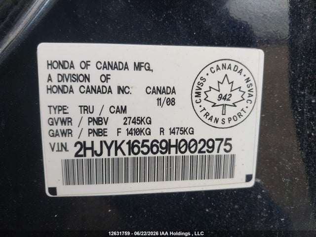 2009 Honda Ridgeline Ex-l/vp მანქანა იყიდება აუქციონზე, vin: 2HJYK16569H002975, აუქციონის ნომერი: 12631759