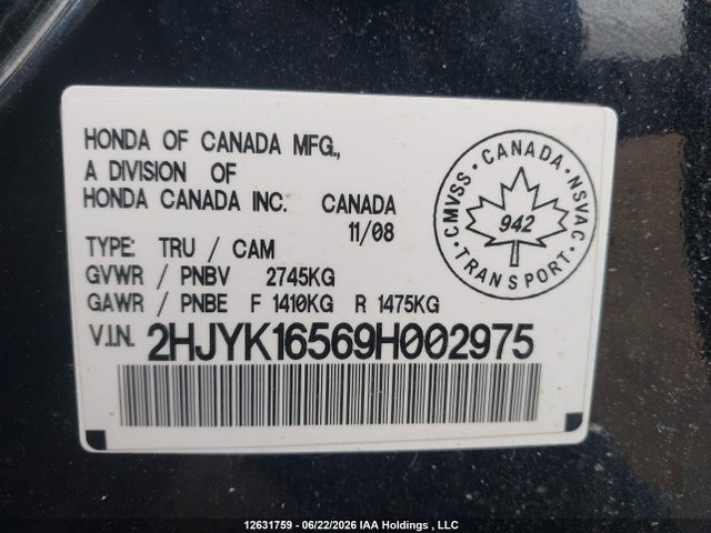 2009 Honda Ridgeline Ex-l/vp მანქანა იყიდება აუქციონზე, vin: 2HJYK16569H002975, აუქციონის ნომერი: 12631759