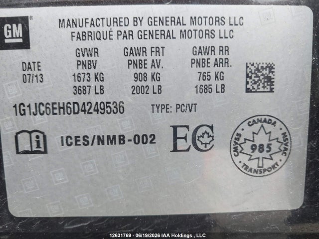 2013 Chevrolet Sonic Lt Auto მანქანა იყიდება აუქციონზე, vin: 1G1JC6EH6D4249536, აუქციონის ნომერი: 12631769