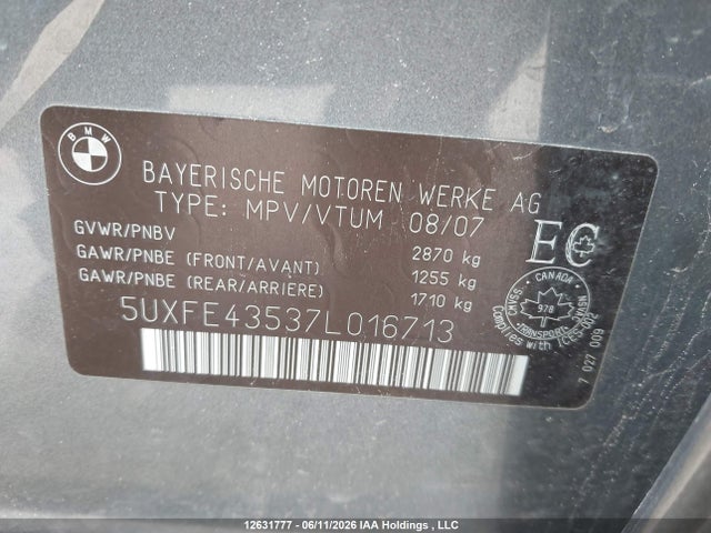 2007 Bmw X5 3.0i მანქანა იყიდება აუქციონზე, vin: 5UXFE43537L016713, აუქციონის ნომერი: 12631777