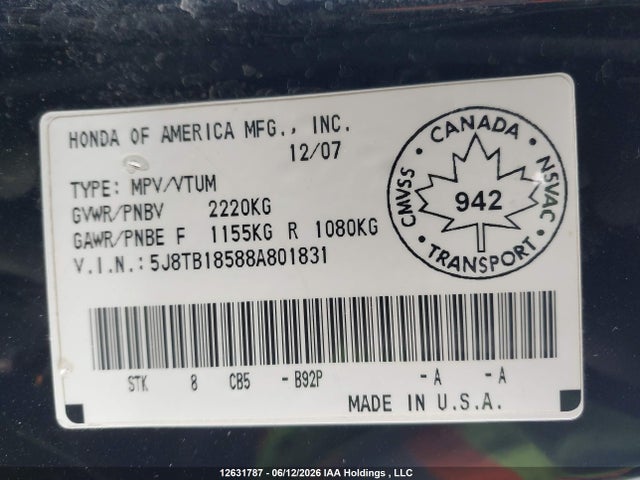 Продажа на аукционе авто 2008 Acura Rdx Technology, vin: 5J8TB18588A801831, номер лота: 12631787