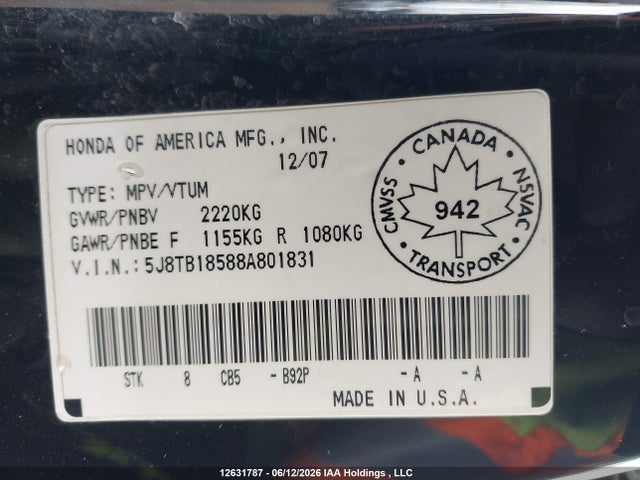 Продажа на аукционе авто 2008 Acura Rdx Technology, vin: 5J8TB18588A801831, номер лота: 12631787