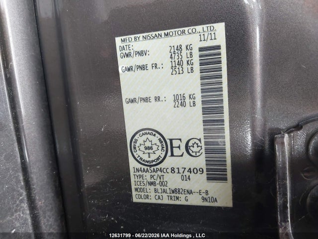 Продаж на аукціоні авто 2012 Nissan Maxima 3.5 Sv, vin: 1N4AA5AP4CC817409, номер лоту: 12631799