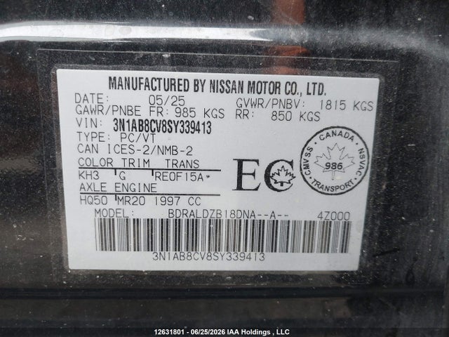 2025 Nissan Sentra Sv Cvt მანქანა იყიდება აუქციონზე, vin: 3N1AB8CV8SY339413, აუქციონის ნომერი: 12631801
