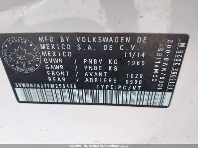 Продажа на аукционе авто 2015 Volkswagen Jetta 1.8 Tsi Comfortline/1.8 Tsi Trendline+, vin: 3VWD07AJ7FM255426, номер лота: 12631803