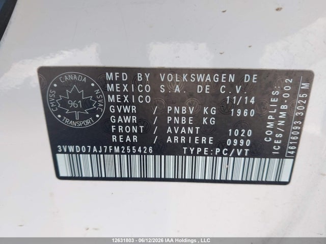 Продажа на аукционе авто 2015 Volkswagen Jetta 1.8 Tsi Comfortline/1.8 Tsi Trendline+, vin: 3VWD07AJ7FM255426, номер лота: 12631803