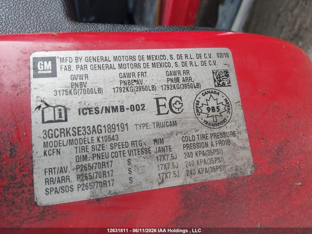 12631811 :رقم المزاد ، 3GCRKSE33AG189191 vin ، 2010 Chevrolet Silverado K1500 Lt مزاد بيع