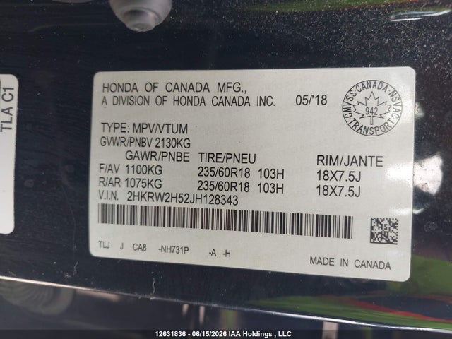 2018 Honda Cr-v Ex მანქანა იყიდება აუქციონზე, vin: 2HKRW2H52JH128343, აუქციონის ნომერი: 12631836