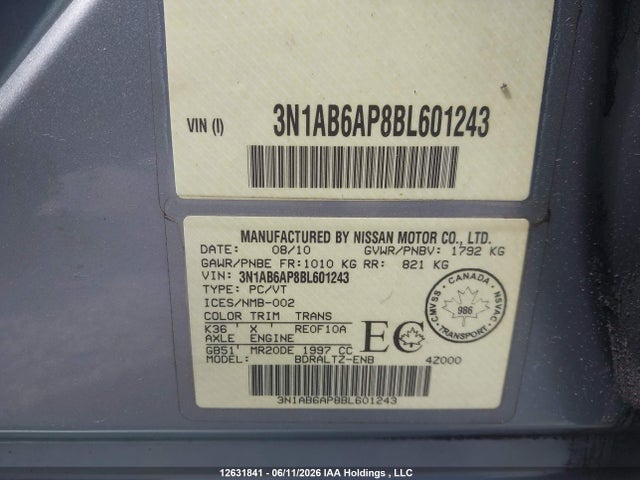 Продаж на аукціоні авто 2011 Nissan Sentra 2.0/2.0s/sr/2.0sl, vin: 3N1AB6AP8BL601243, номер лоту: 12631841