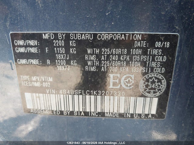 Aukcja sprzedaży 2019 Subaru Outback 3.6r Limited, vin: 4S4BSFLC1K3207330, numer aukcji: 12631843