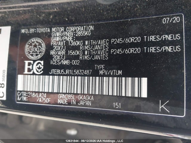 12631844 :رقم المزاد ، JTEBU5JR1L5832487 vin ، 2020 Toyota 4runner Sr5/sr5 Premium/venture/limited/night Shade/trd Off Road/trd Off Road Premium/trd Pro مزاد بيع