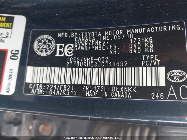 12631857 :رقم المزاد ، 2T1BURHE3JC113692 vin ، 2018 Toyota Corolla L/le/xle/se/xse مزاد بيع
