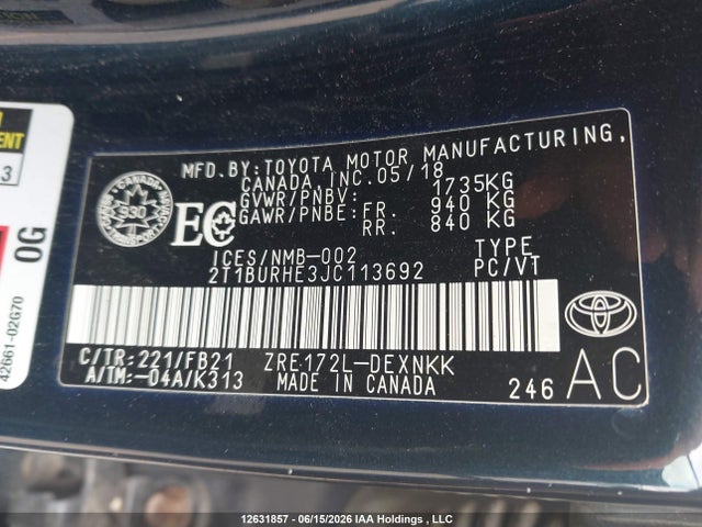 12631857 :رقم المزاد ، 2T1BURHE3JC113692 vin ، 2018 Toyota Corolla L/le/xle/se/xse مزاد بيع