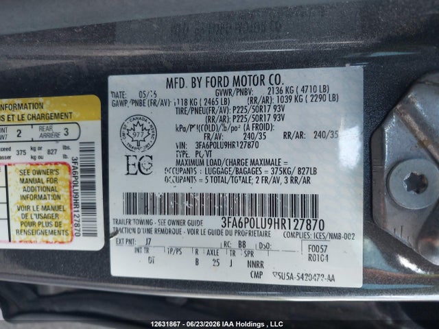 2017 Ford Fusion Hybrid Hybrid მანქანა იყიდება აუქციონზე, vin: 3FA6P0LU9HR127870, აუქციონის ნომერი: 12631867