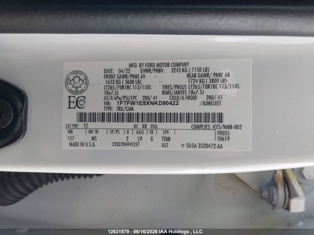Продажа на аукционе авто 2022 Ford F-150 Xlt, vin: 1FTFW1E8XNKD90422, номер лота: 12631879
