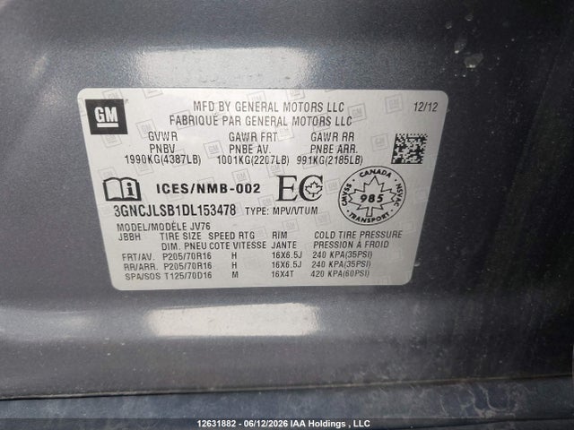 Продаж на аукціоні авто 2013 Chevrolet Trax 1lt, vin: 3GNCJLSB1DL153478, номер лоту: 12631882