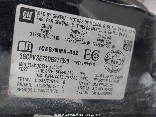 2013 Chevrolet Silverado 1500 Lt მანქანა იყიდება აუქციონზე, vin: 3GCPKSE72DG277390, აუქციონის ნომერი: 12631895