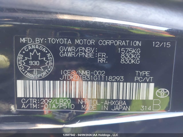 Aukcja sprzedaży 2016 Toyota Prius C Technology, vin: JTDKDTB31G1118293, numer aukcji: 12587542