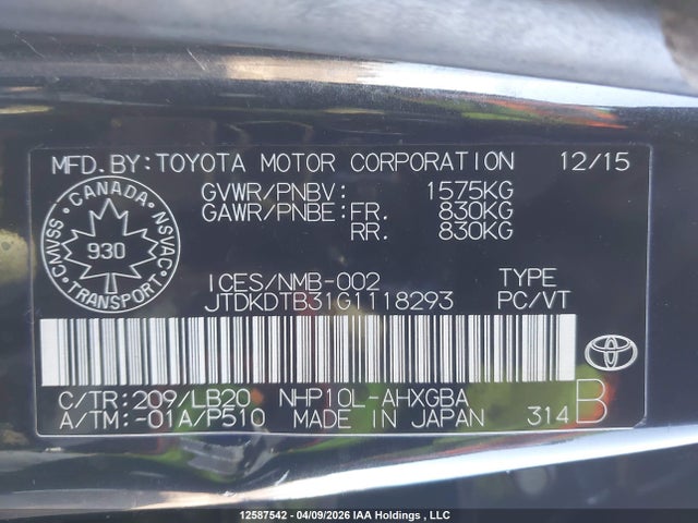 Aukcja sprzedaży 2016 Toyota Prius C Technology, vin: JTDKDTB31G1118293, numer aukcji: 12587542