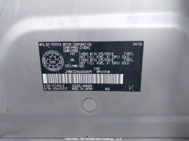 2006 Toyota Rav4 Sport V6 მანქანა იყიდება აუქციონზე, vin: JTMBK32V666004699, აუქციონის ნომერი: 12631936