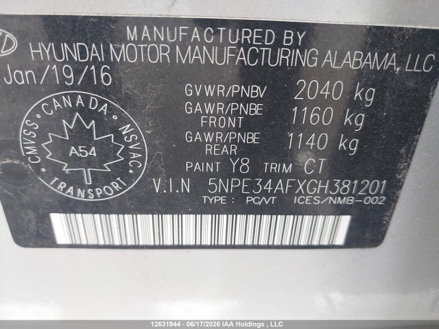 Aukcja sprzedaży 2016 Hyundai Sonata Sport Tech, vin: 5NPE34AFXGH381201, numer aukcji: 12631944