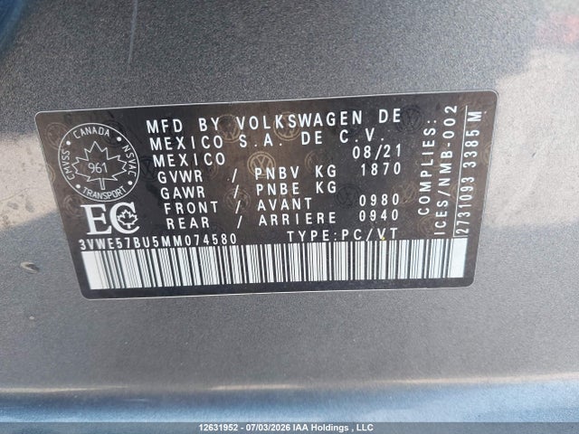 2021 Volkswagen Jetta მანქანა იყიდება აუქციონზე, vin: 3VWE57BU5MM074580, აუქციონის ნომერი: 12631952