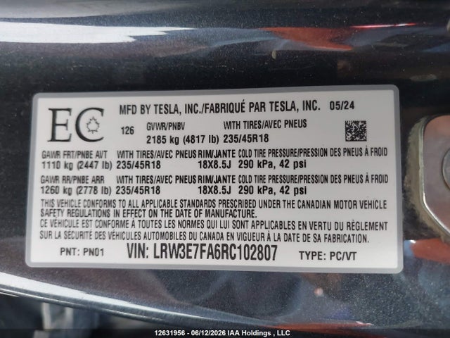 Tesla Model 3 Rwd 2024 LRW3E7FA6RC102807 Image 9