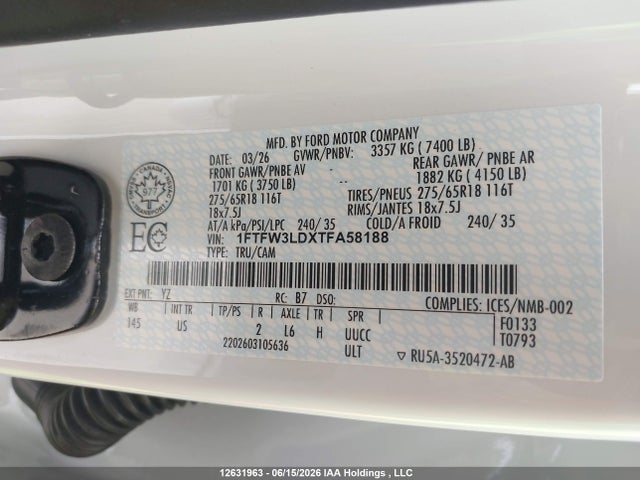 Продажа на аукционе авто 2026 Ford F150 Xlt, vin: 1FTFW3LDXTFA58188, номер лота: 12631963