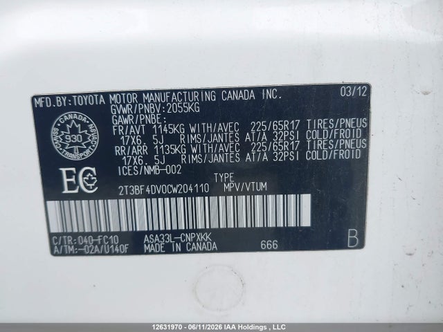 2012 Toyota Rav4 მანქანა იყიდება აუქციონზე, vin: 2T3BF4DV0CW204110, აუქციონის ნომერი: 12631970