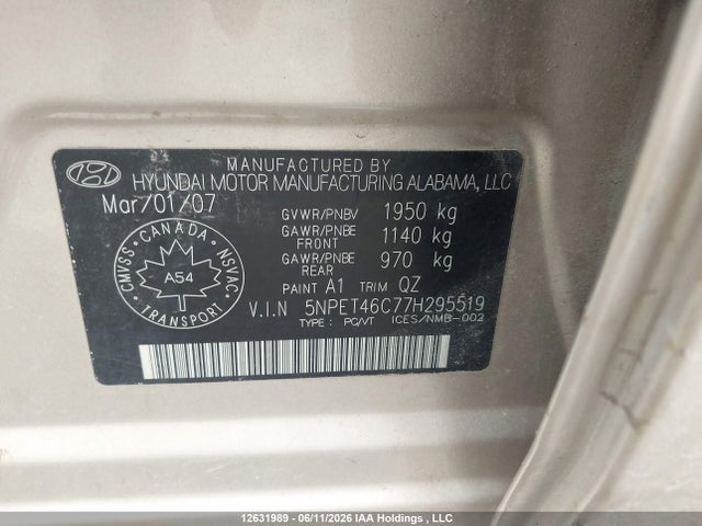 2007 Hyundai Sonata Gls მანქანა იყიდება აუქციონზე, vin: 5NPET46C77H295519, აუქციონის ნომერი: 12631989